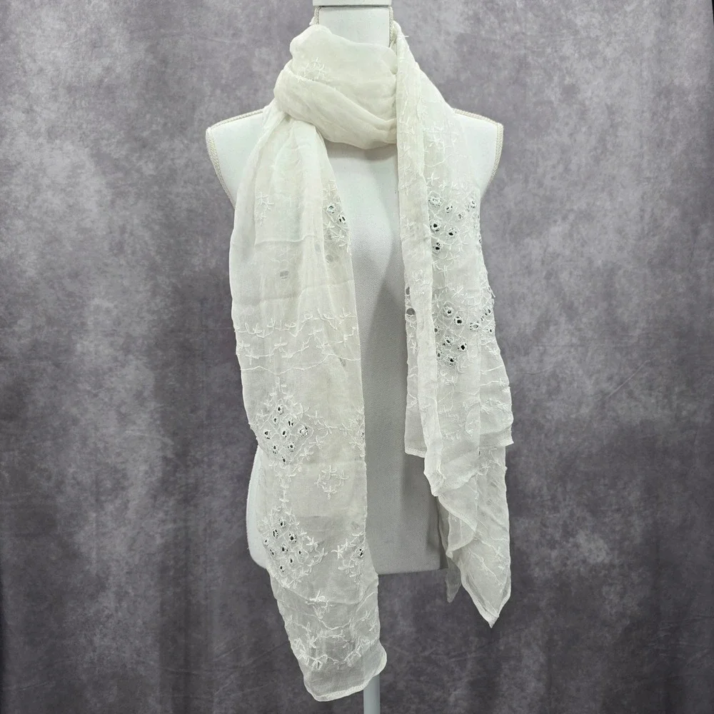 White Glass Embroidered Cottage Fairy Oversized Whimsy Boho Floral Scarf Wrap OS